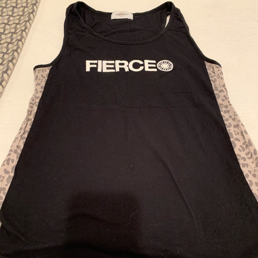 Sz L Soul Cycle ‘fierce’ black tank leopard sides